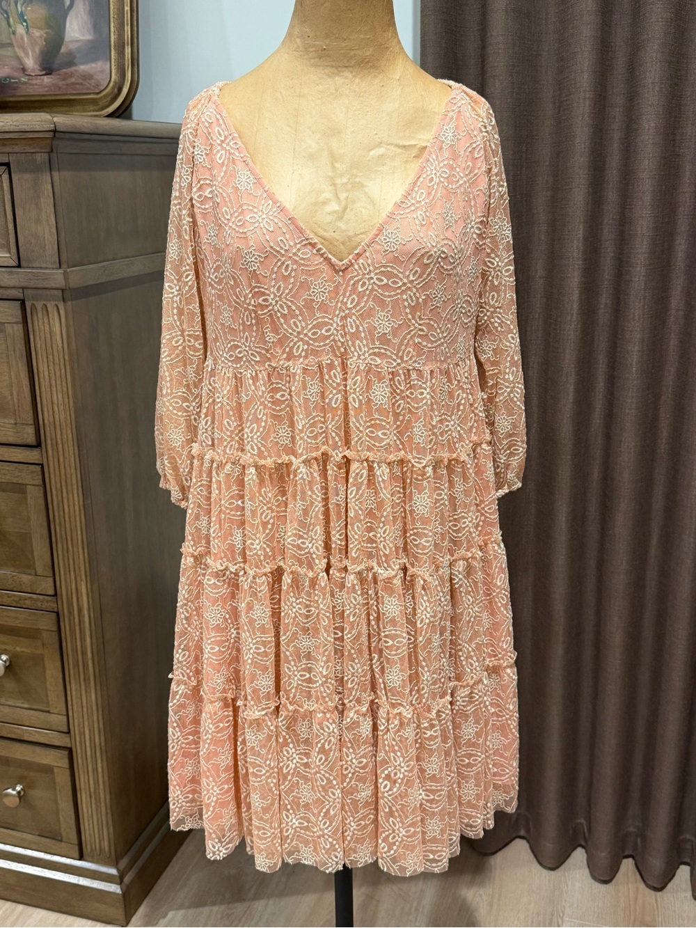 Johnny Was Chelly Womens V-Neck Tiered Embroidered Mesh Dress Muted Clay Size S